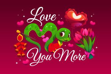 Naklejka premium Love you more Valentine day t shirt quote or greeting card with a playful cartoon cute snake in shape of heart holding Chinese petards, surrounded by tulips and hearts. Vector charming joyful message