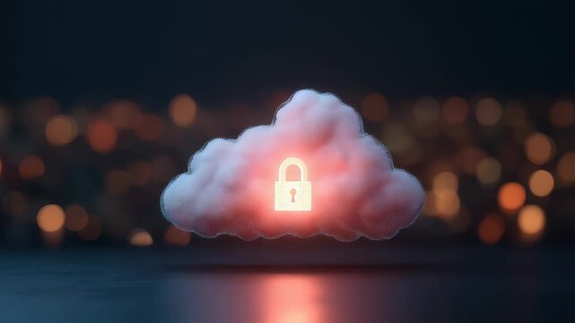 Glowing cloud icon with illuminated padlock symbolizes secure data storage against dark city lights