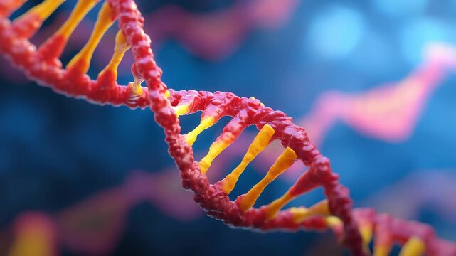 Close up 3D rendering of  red and yellow DNA double helix structure against  blue