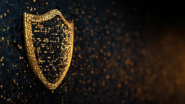 Golden digital shield icon on dark binary code  with glowing particles