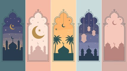 Mosque silhouettes and crescent moon designs fill islamic arch windows for Ramadan greetings © Emongrapic