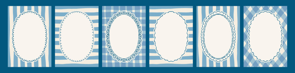 Retro blue oval whimsical hand drawn banners with line frames set. Perfect for boy baby shower party, wedding, birthday design.