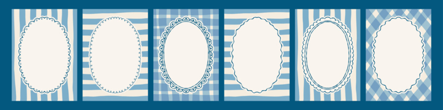 Retro blue oval whimsical hand drawn banners with line frames set. Perfect for boy baby shower party, wedding, birthday design.
