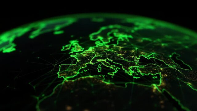 Illuminated digital map of Europe showing glowing green continental outlines and  network of connections