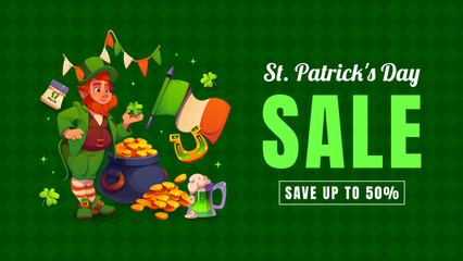 St Patrick day sale banner with leprechaun gold coins and shamrock clover, vector ad poster. Saint Patrick day and Irish holiday sale banner for 50 discount promo or store and shop promotion offer