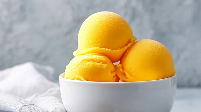 Refreshing lemon sorbet scoops in white bowl on light background