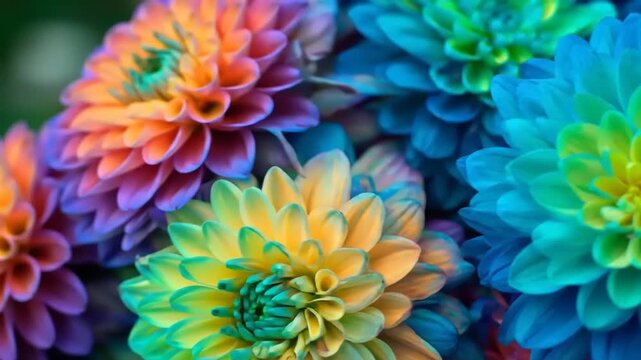 Close-up of vividly colored dahlia blooms showcasing a vibrant array of blues, yellows, & oranges
