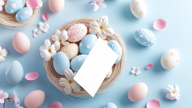 Pastel easter egg arrangement with blossoms and blank card mockup on light blue background
