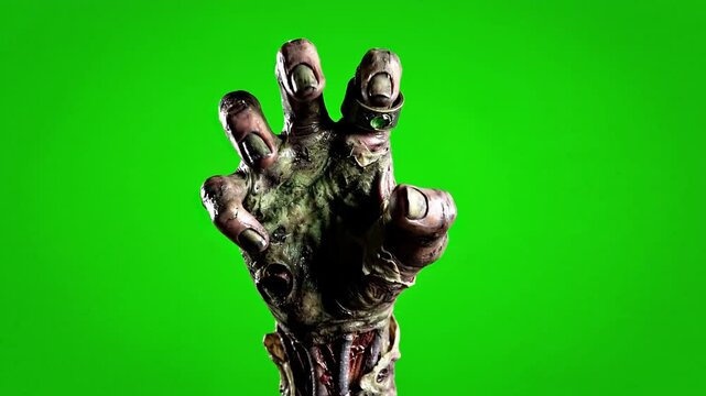 A video shows a close-up of a zombie's hand reaching up against a green background in a horror movie scene