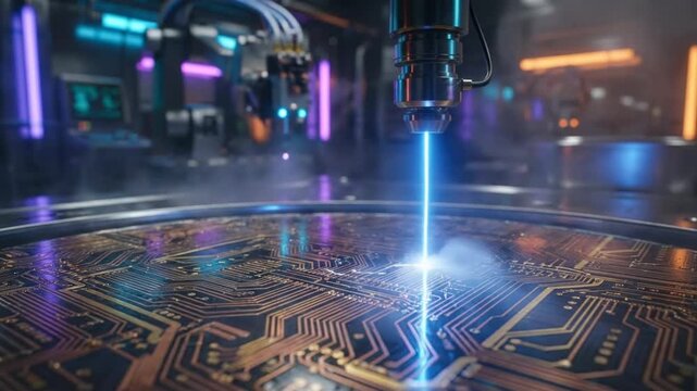 High precision laser engraving on a pcb in a futuristic high tech factory, blue beam producing sparks and smoke as robotic cnc machinery inscribes intricate microchip patterns
