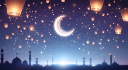 Enchanting night sky with a crescent moon, numerous glowing lanterns, and mosque silhouettes over a serene city landscape.