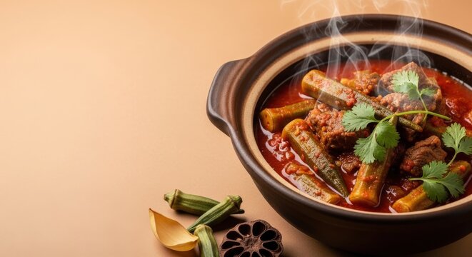 Traditional Bamia Okra and Beef Stew with Steam on Earth-Toned Left Copy Space