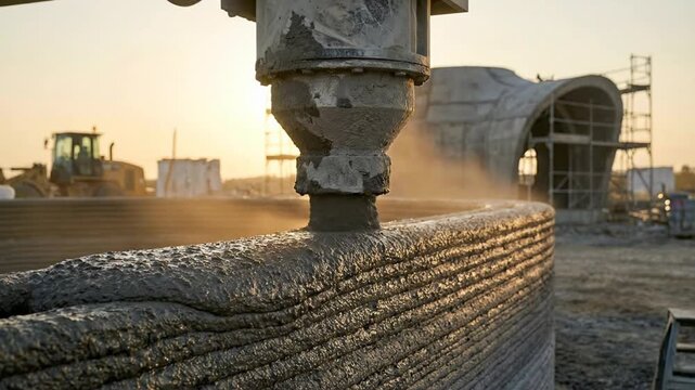 Innovative construction technology using a robotic arm for 3d printing concrete walls of a residential building at sunset, showcasing the future of additive manufacturing in architecture