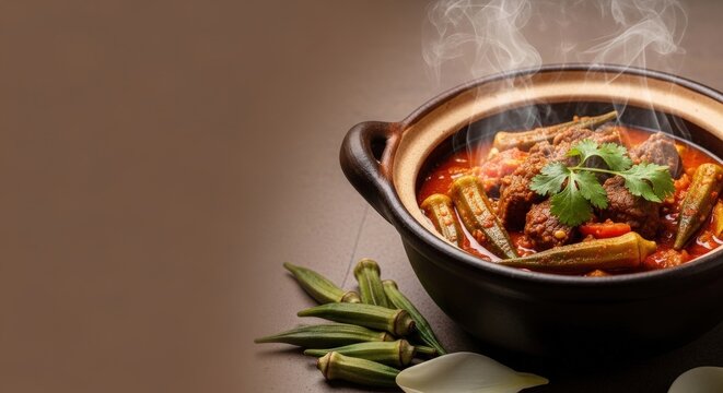 Traditional Bamia Okra and Beef Stew with Steam on Earth-Toned Left Copy Space