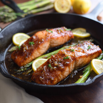 Gebratene Lachsfilets in Pfanne mit Zitronen und Kr&auml;utern. Saftiges Fischgericht, mediterrane K&uuml;che, gesundes Essen, warme Lichtstimmung, authentische Foodfotografie aus der K&uuml;che.