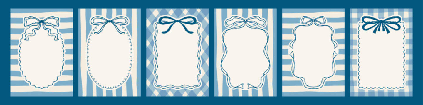 Coquette Vintage posers with ribbon and bows frames on striped and plaid background set. Retro vector greeting card collection with elegant whimsical border. Perfect for boy birthday, wedding design.