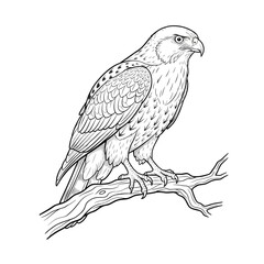 Fototapeta premium Hawk Perched on Branch Line Art - Detailed Falcon Bird of Prey Vector Illustration