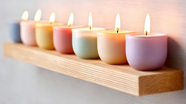 Colorful scented candles lined up on wooden shelf creating cozy atmosphere