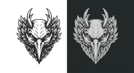 Fototapeta premium Detailed monochrome illustration of a fierce horned bird creature with a sharp beak and feathered collar, presented on both light and dark backgrounds.