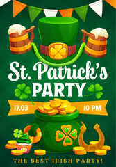St patrick's day holiday party flyer or banner. Irish folk party vector flyer. Saint Patrick day invitation poster with leprechaun hat and pot, golden coins, flag garland, horseshoe and ale tankard