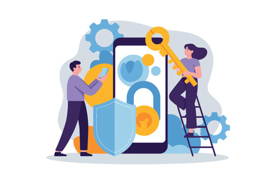 A cartoon illustration of two people working together to secure a large smartphone with a padlock and shield.