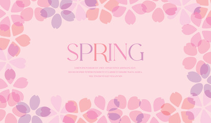 Pastel pink spring background with a frame of overlapping cherry blossom petals. Elegant floral vector template with "SPRING" text, perfect for seasonal greetings, banners, and social media posts. © Tuesday04