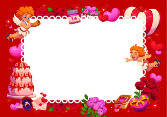 Obraz premium Valentine day greeting card, decorative frame with cupids, roses, hearts, cake, gifts, engagement ring, calendar showing February 14, and romantic details surrounding a blank white space for messages