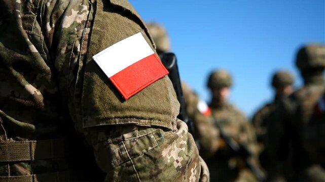 Soldier in camouflage uniform with the flag on shoulder outdoor daylight scene