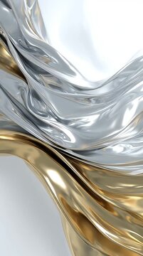 Abstrakte, flie&szlig;ende Metalloberfl&auml;che in Gold, Wei&szlig; und Elfenbein. Elegante Legierung mit organischer Bewegung, luxuri&ouml;se Textur, modernes Design, hochwertiger Hintergrund f&uuml;r Branding und Kunst.