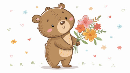 Cute bear holding colorful flowers with hearts around
