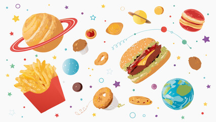 Whimsical food floats through a vibrant cosmic scene