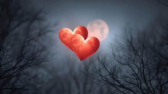 Two Glowing Hearts Full Moon Night Spooky Forest Background