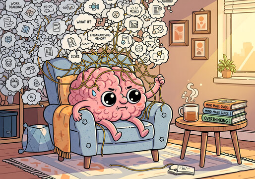 Overthinking cartoon brain tangled in wires, sitting in a blue armchair with books on mind mazes and overthinking