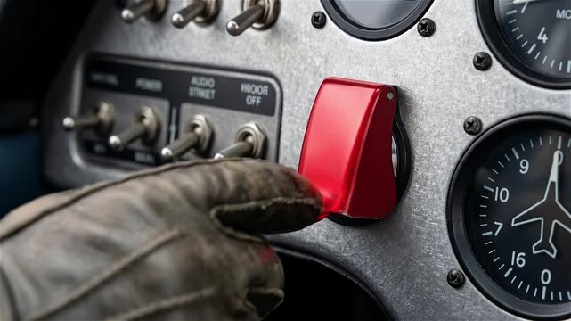 Pilot Wearing Vintage Leather Glove Flipping a Red Guarded Toggle Switch on a Cockpit Instrument Panel for Pre-flight Check