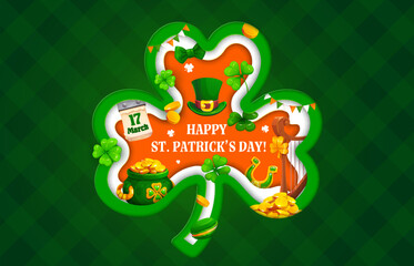 Happy St Patrick s day paper cut shamrock clover shape greeting card. Cartoon pot with golden coins, leprechaun hat, luck horseshoe, macaroon, bow tie, calendar, harp, and cell on green background