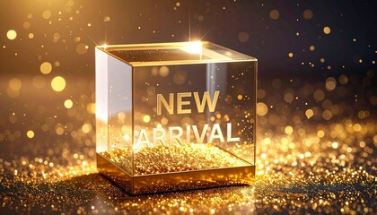 Elegant New Arrival Announcement with Golden Cube and Glittering Bokeh.