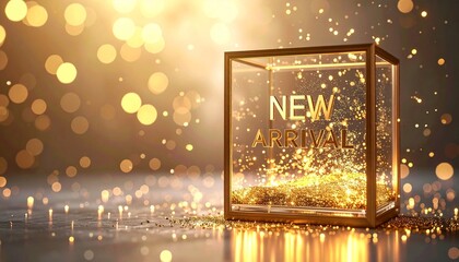 Elegant New Arrivals Promotion with Golden Confetti and Sparkling Lights.