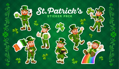 Leprechaun character stickers pack for Happy St Patrick day of Irish holiday, cartoon vector. Stickers with funny leprechaun characters on rainbow with Ireland flag or with green ale beer and clover