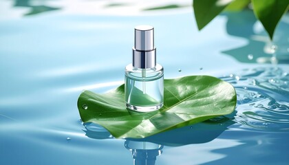 Elegant perfume bottle on a leaf in tranquil water setting.