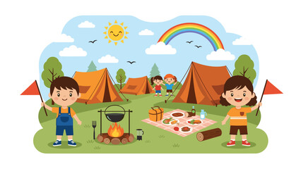 Naklejka premium Delightful cartoon illustration of a lively family camping scene with children, tents, a campfire, picnic spread, and a rainbow in the sky.