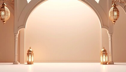 Elegant Ramadan Background with Arch and Lanterns for Festive Greetings.