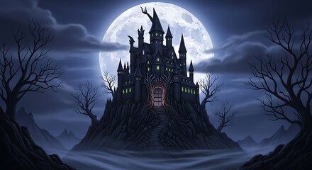 Eerie Castle Silhouette Against a Full Moon in a Dark Landscape.