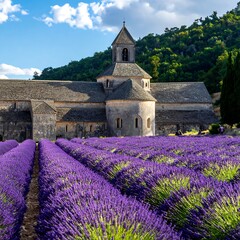 Stone abbey bathed in sunlight, vibrant lavender fields in foreground, green hills in the distance