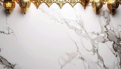 Elegant Ramadan background with golden lanterns on marble texture.