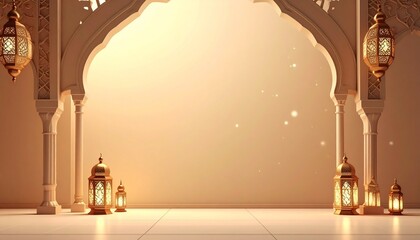 Elegant Ramadan Background with Lanterns and Archway.