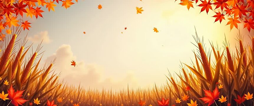Autumn leaves gently sway around corn cobs, with a slow pan revealing a warm, inviting space; vibrant, seasonal, and cinematic appeal for fall-themed projects.