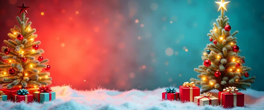Festive Christmas scene with decorated trees and gifts, gentle snowflakes falling, slow panning camera, warm cinematic glow enhances holiday ambiance, perfect for seasonal marketing.