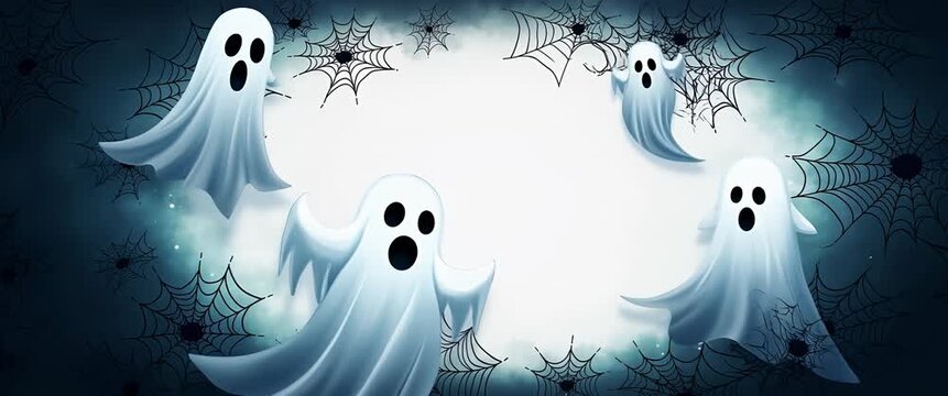 Playful ghosts float amidst swirling cobwebs and mist in a mystical, cinematic Halloween scene; camera gently pans as ambient lights flicker, creating a spooky atmosphere.