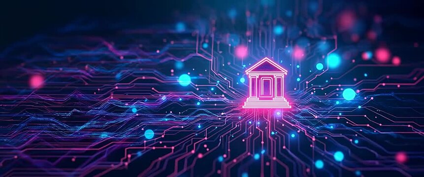 Futuristic digital bank structure glows as virtual currency symbols orbit, with subtle light flicker and a slow camera pan, in a cinematic depiction of fintech innovation.