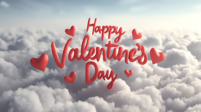 Happy Valentines Day 3D Text Floating with Hearts in Sunny Clouds